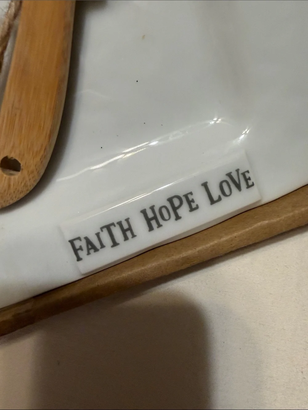 White Ceramic Snack Plate with 'Faith Hope Love' and Wooden Spreader